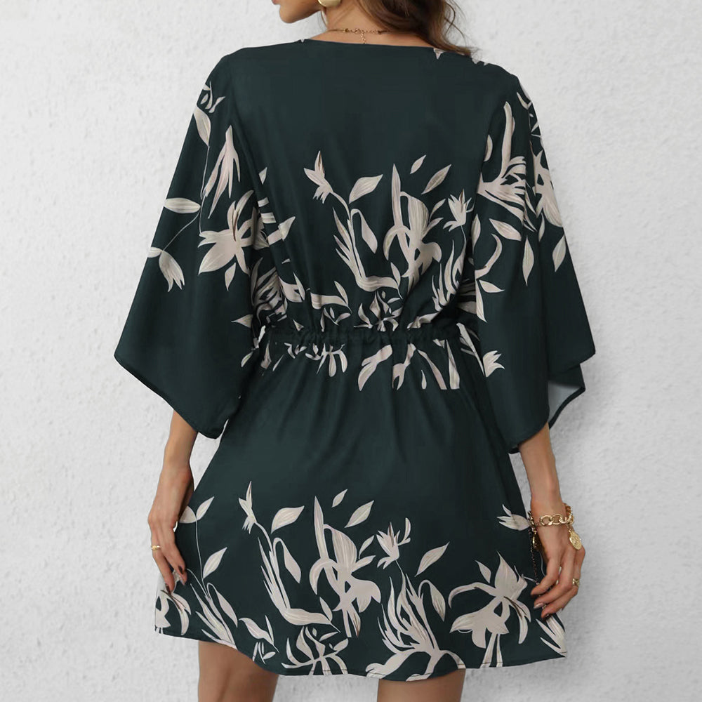 Vestido Corto Tipo Túnica Holgada con Cuello en V y Manga Acampanada