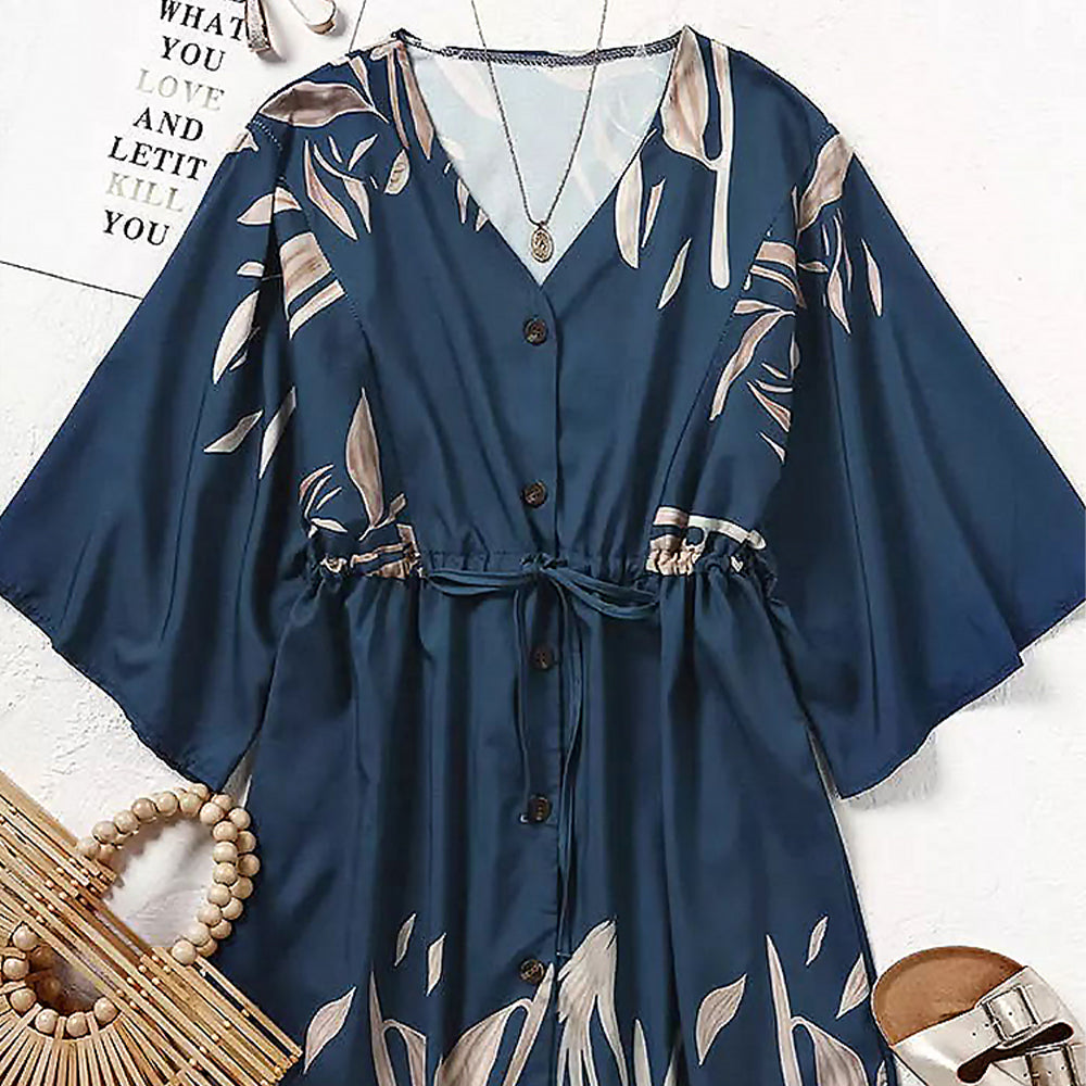 Vestido Corto Tipo Túnica Holgada con Cuello en V y Manga Acampanada