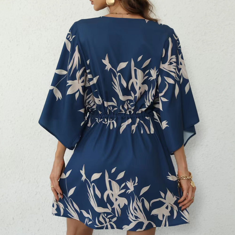 Vestido Corto Tipo Túnica Holgada con Cuello en V y Manga Acampanada