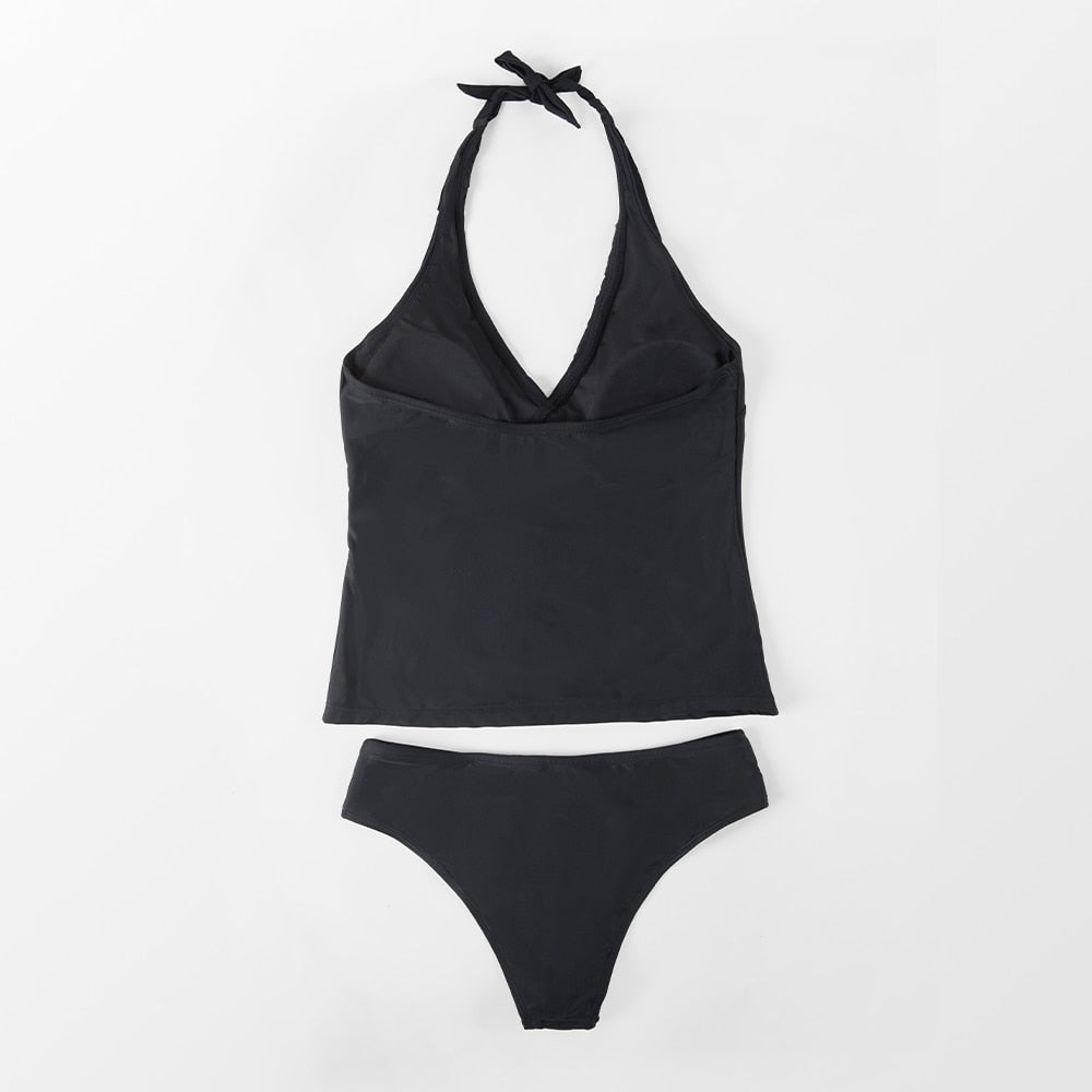 Tankini Negro Halter con Volantes y Conjunto Hipster - Cintura Baja