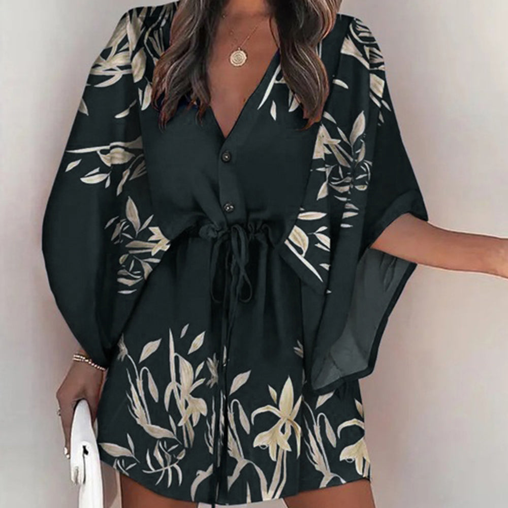 Vestido Corto Tipo Túnica Holgada con Cuello en V y Manga Acampanada