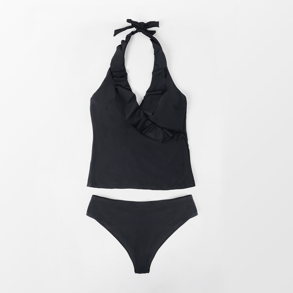 Tankini Negro Halter con Volantes y Conjunto Hipster - Cintura Baja