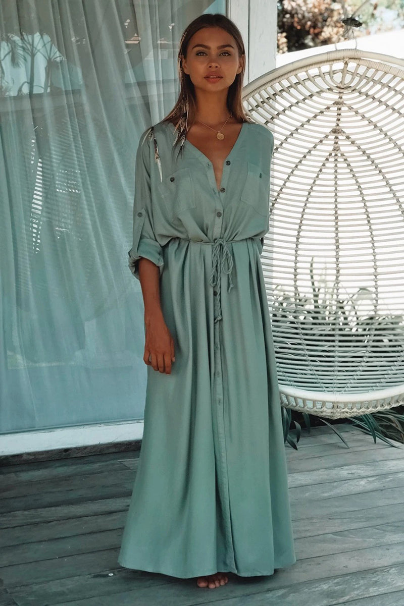 Kimono Verde Largo de Rayón Tipo Túnica Sexy Cárdigan