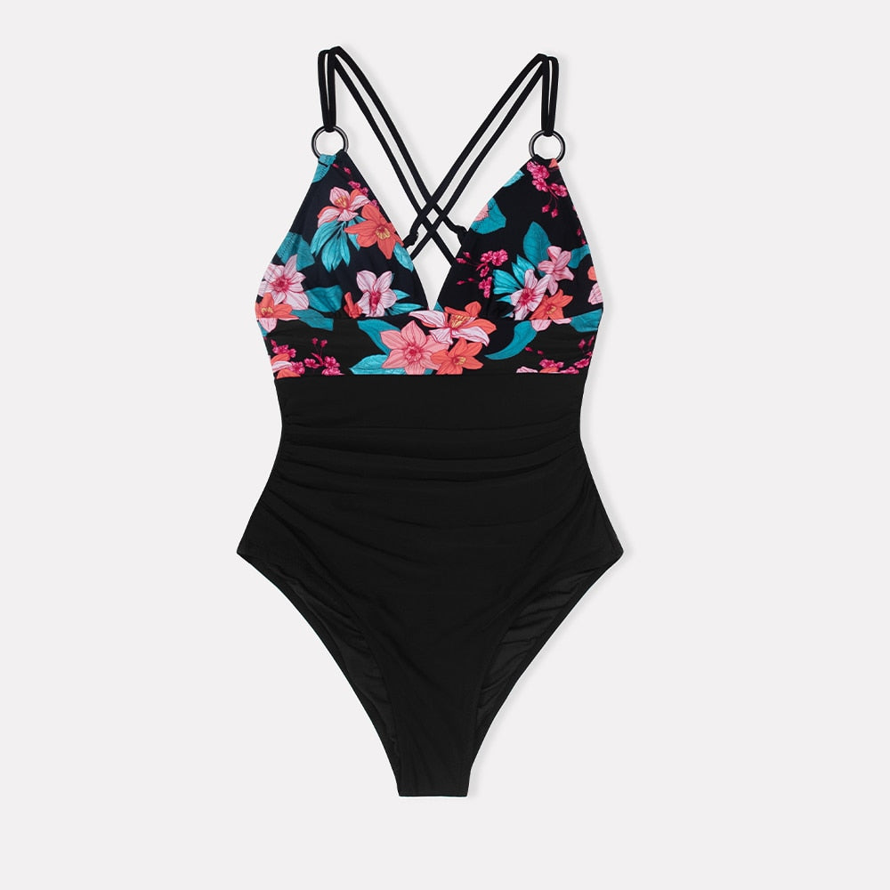 Traje de Baño Negro Romántico con Junta Tórica Floral - Una Pieza