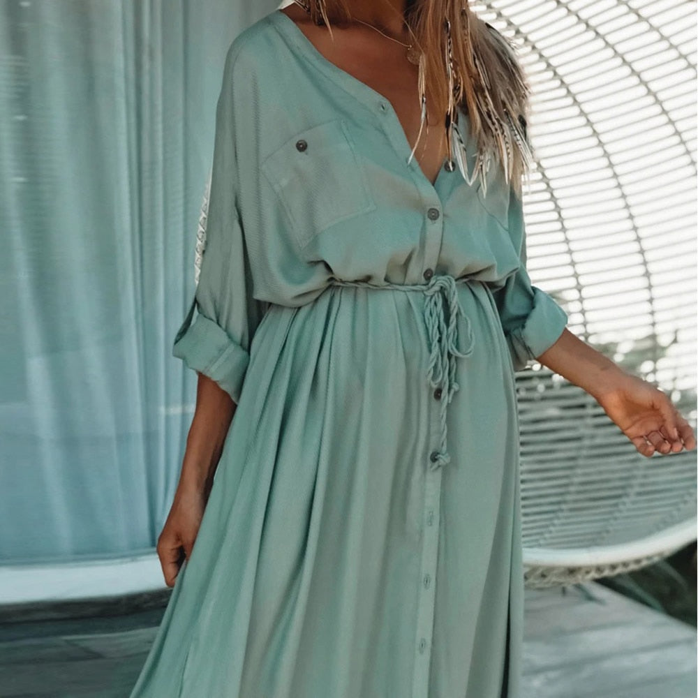 Kimono Verde Largo de Rayón Tipo Túnica Sexy Cárdigan