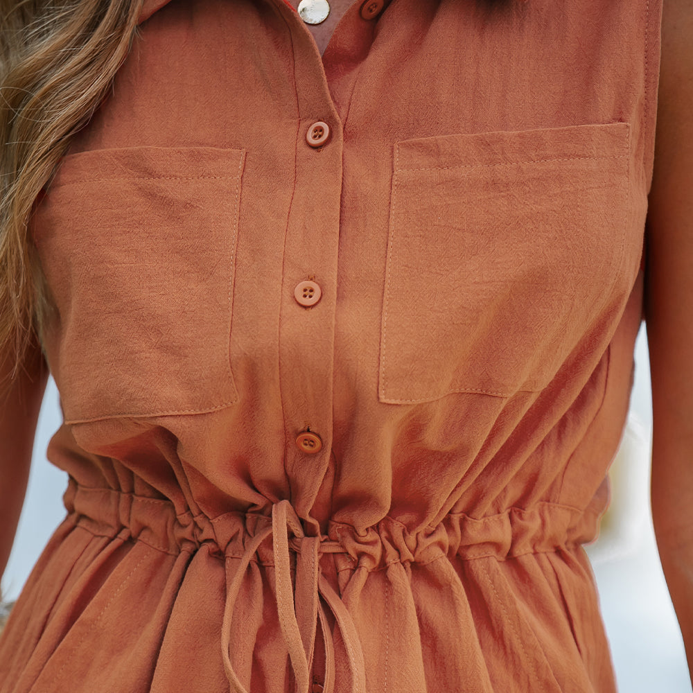 Burnt Orange Cotton Jumpsuit with Buttons and Drawstring