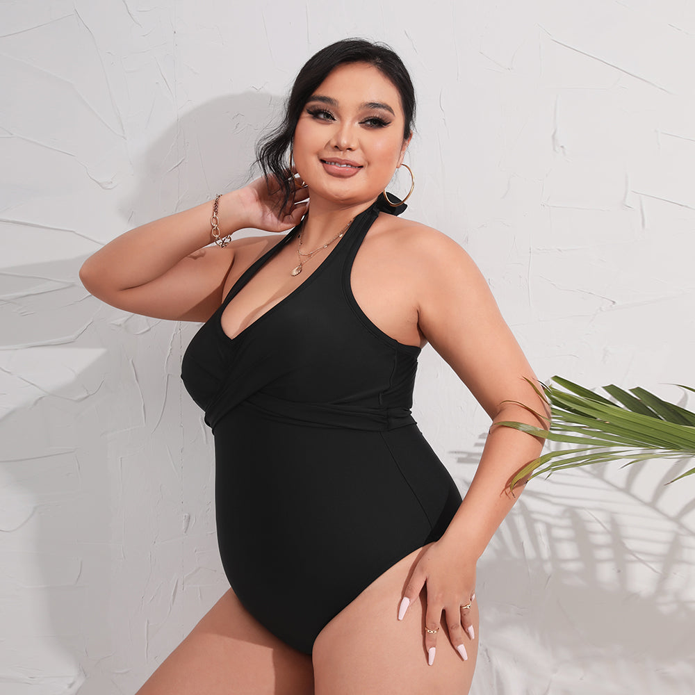 Full Black Swimsuit with V-Neck and Adjustable Knot - Large Size