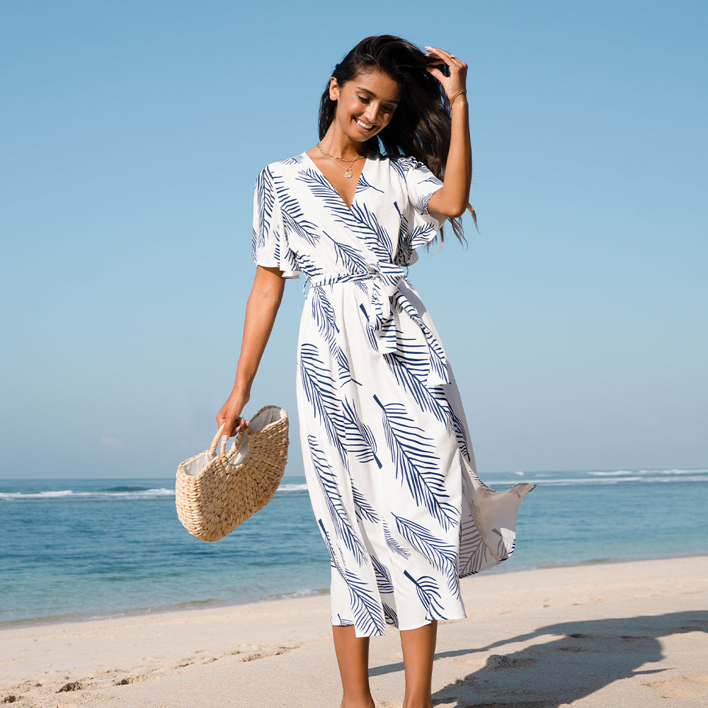 Vestido Midi con Cinturón y Estampado de Hojas