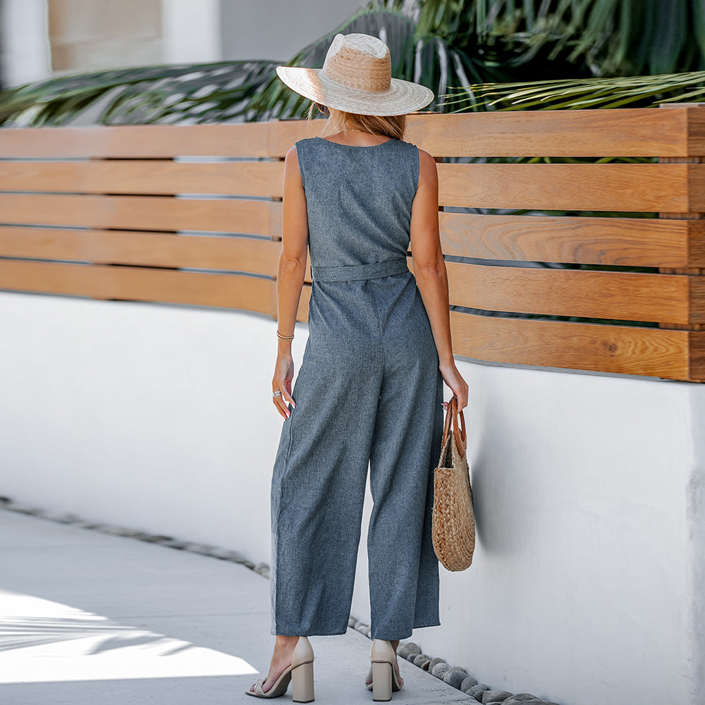 Belted V-Neck Buttoned Front Jumpsuit