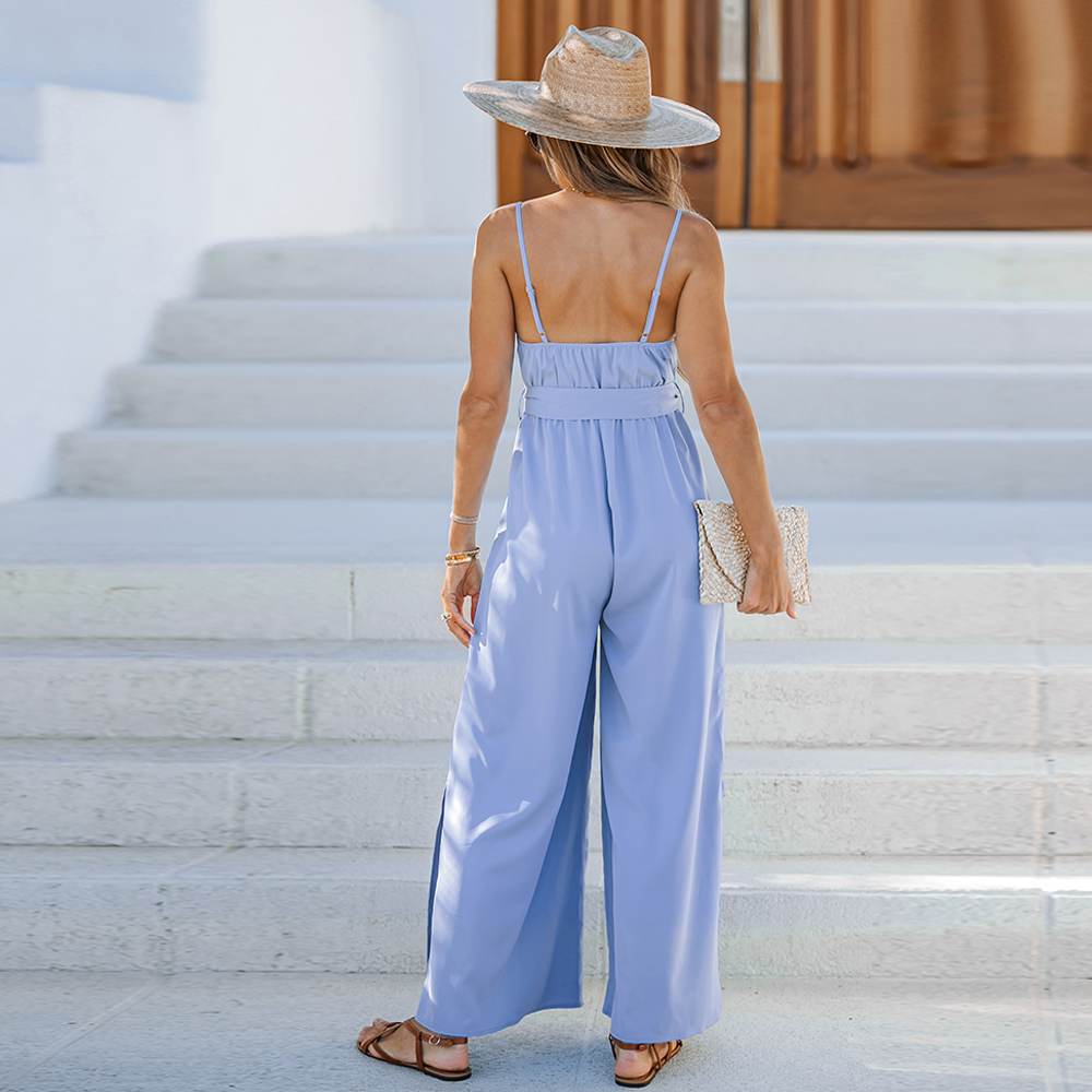 V Neck Belted Wide Leg Jumpsuit