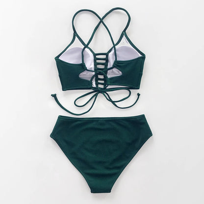 Bikini Verde con Cordones en la Espalda Recortado - Cintura Media