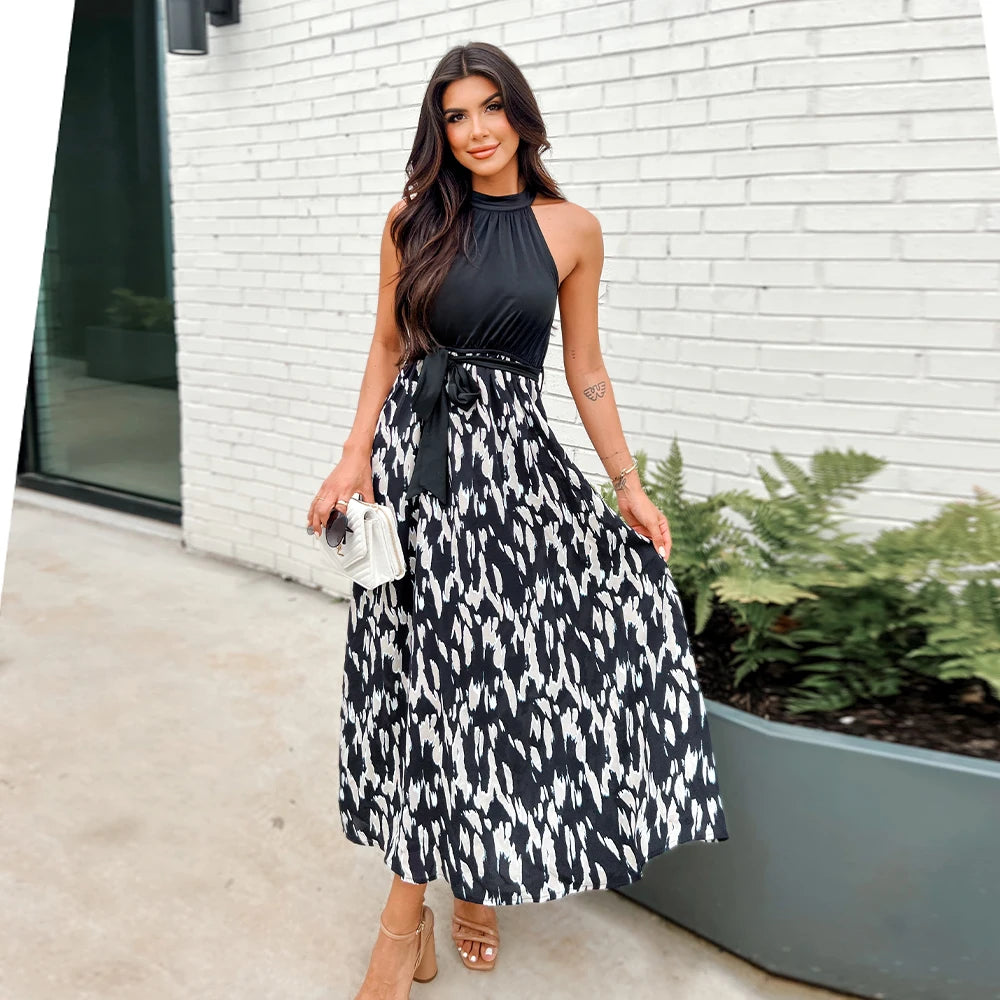 Vestido Largo con Cinturón y Estampado de Puntos
