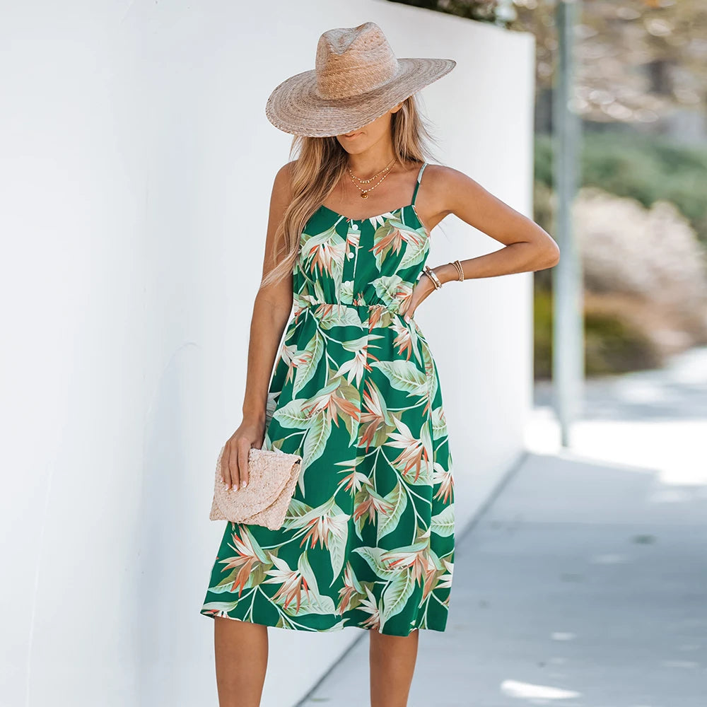 Leaf print midi sales dress