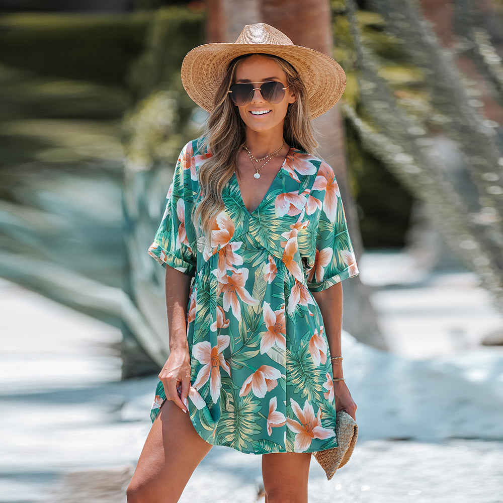Short Dress with Tropical Leaves and Flowers Print