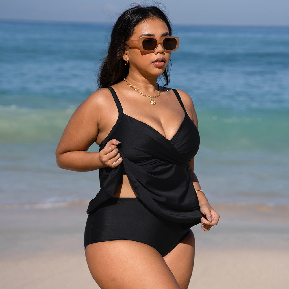 High Waisted Ruffle Wrap Tankini - Plus Size