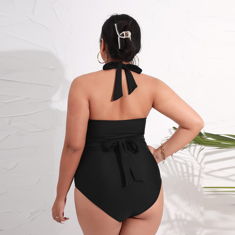 Full Black Swimsuit with V-Neck and Adjustable Knot - Large Size