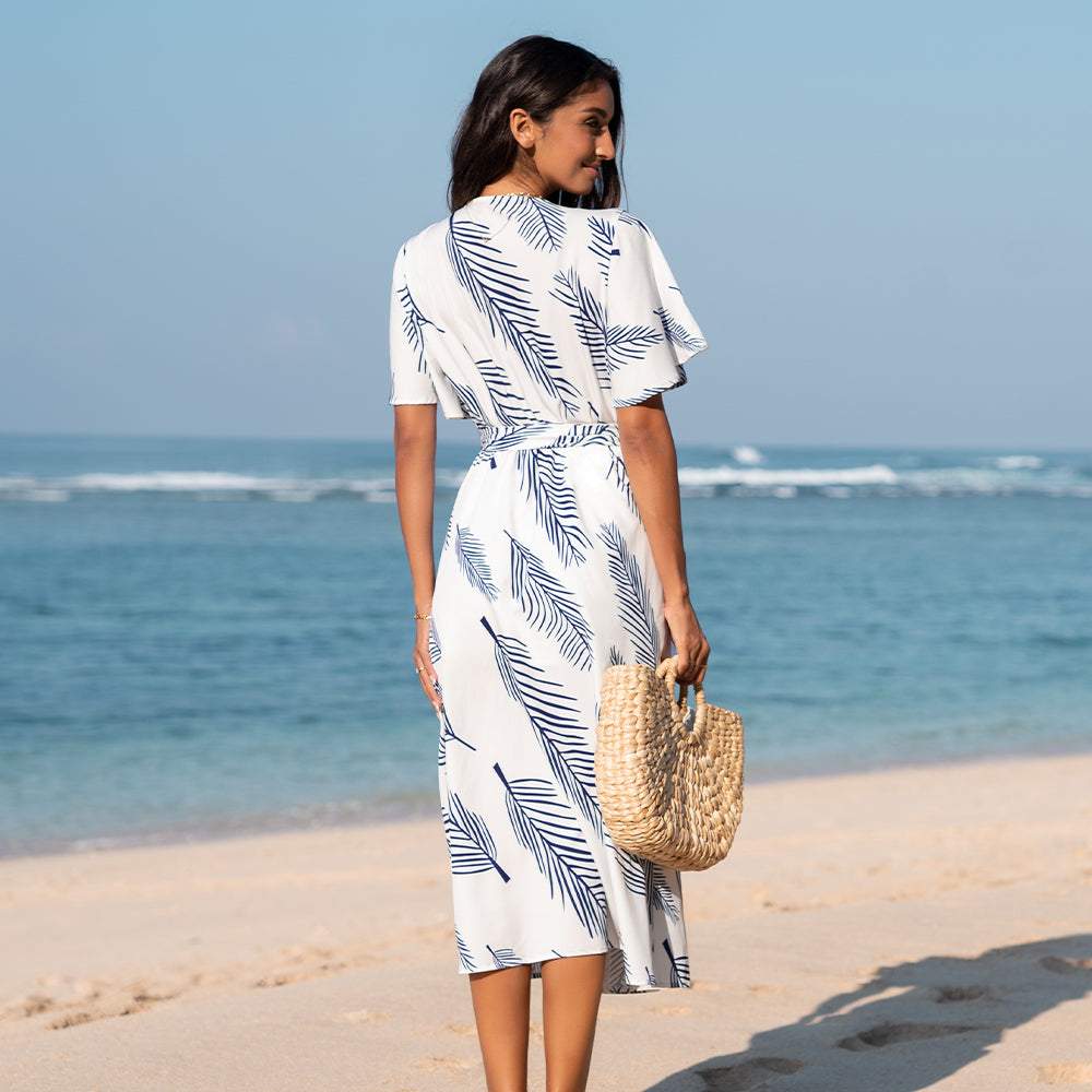 Vestido Midi con Cinturón y Estampado de Hojas