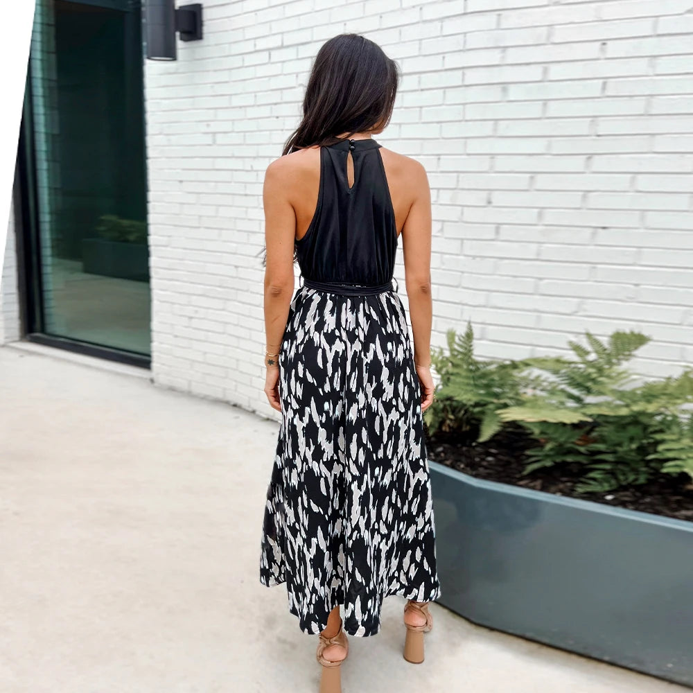 Vestido Largo con Cinturón y Estampado de Puntos