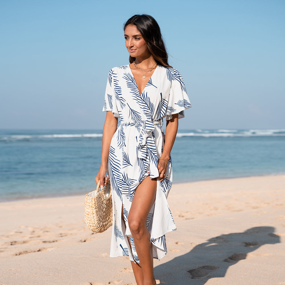Vestido Midi con Cinturón y Estampado de Hojas