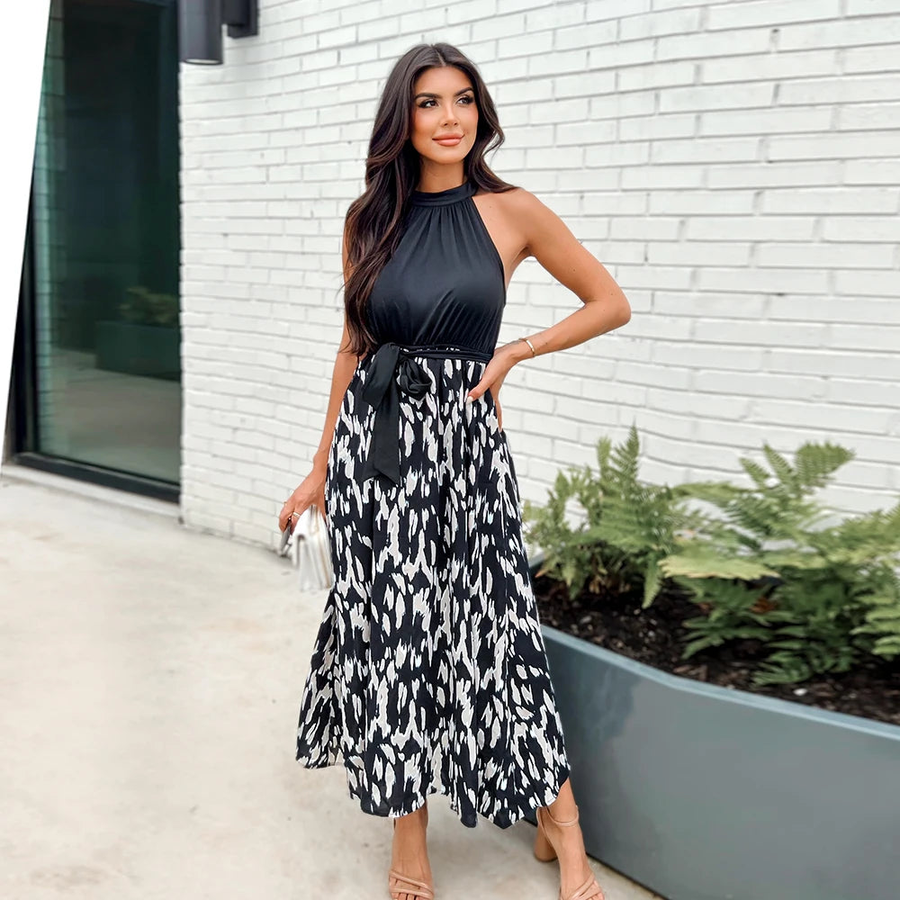 Vestido Largo con Cinturón y Estampado de Puntos