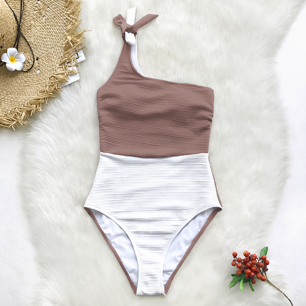 Traje de Baño Marrón/Blanco Monokini con Lazo en un Hombro - una Pieza