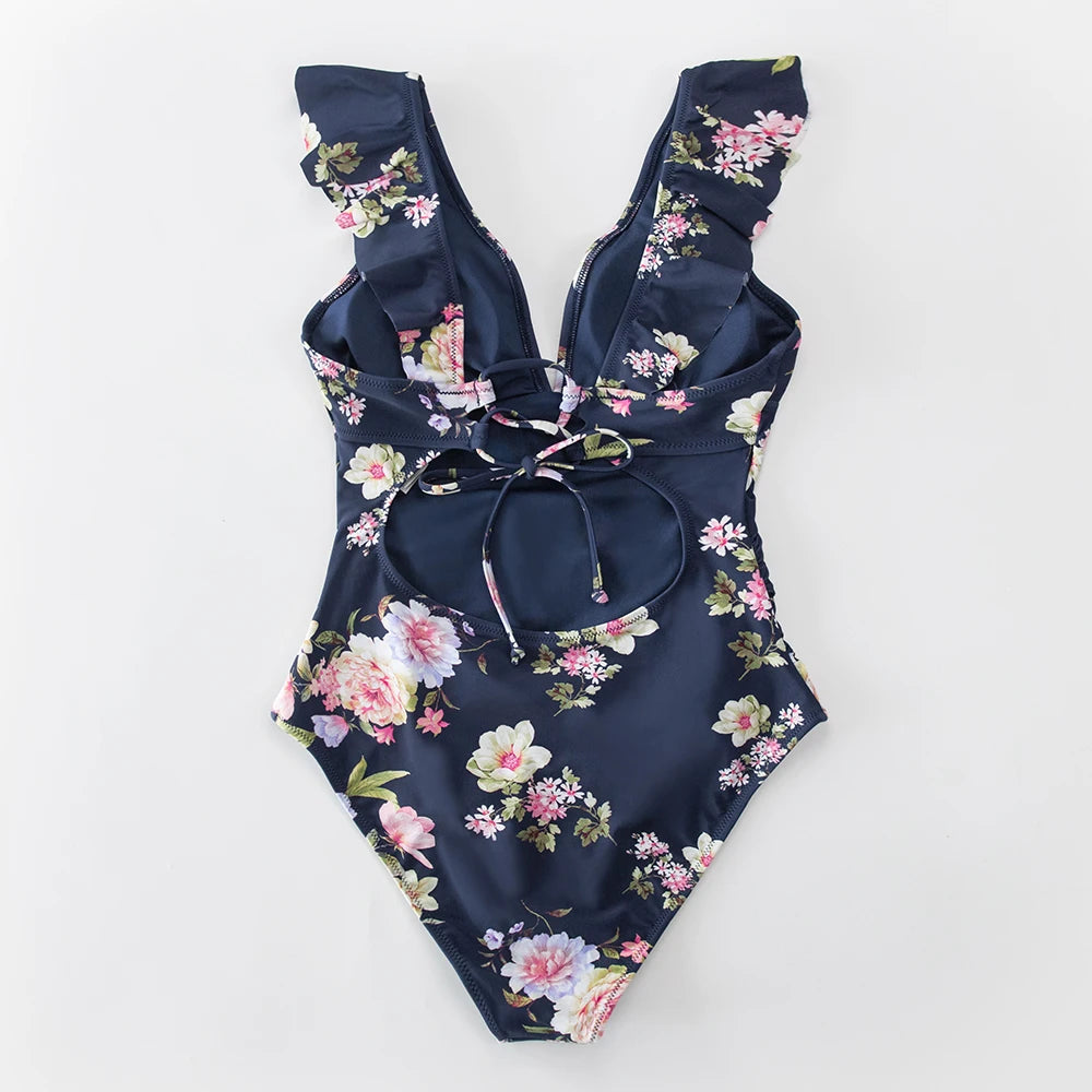 Bañador Azul con Estampado Floral y Cuello en V de Volantes - Una Pieza