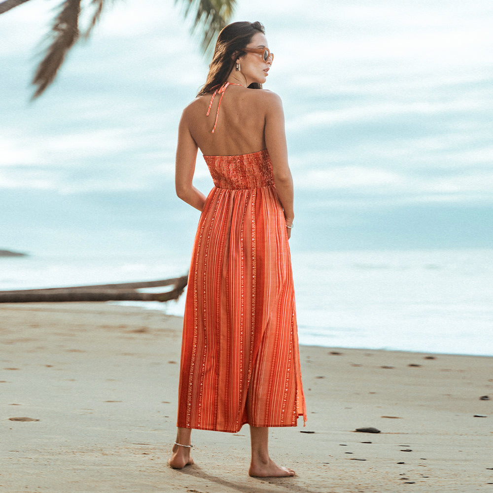 Vestido Largo a Rayas con Volantes y Cuello en V