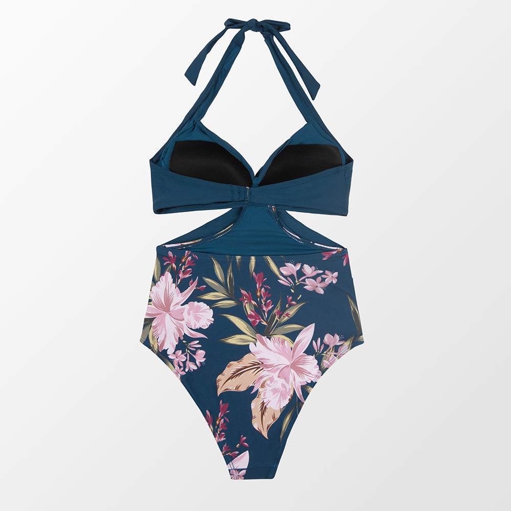 Traje de Baño Wrap Front Cutout Azul Floral - Una Pieza
