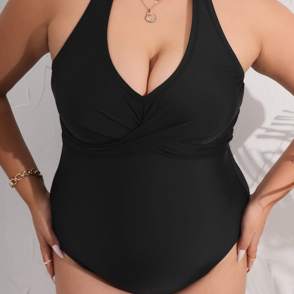Full Black Swimsuit with V-Neck and Adjustable Knot - Large Size