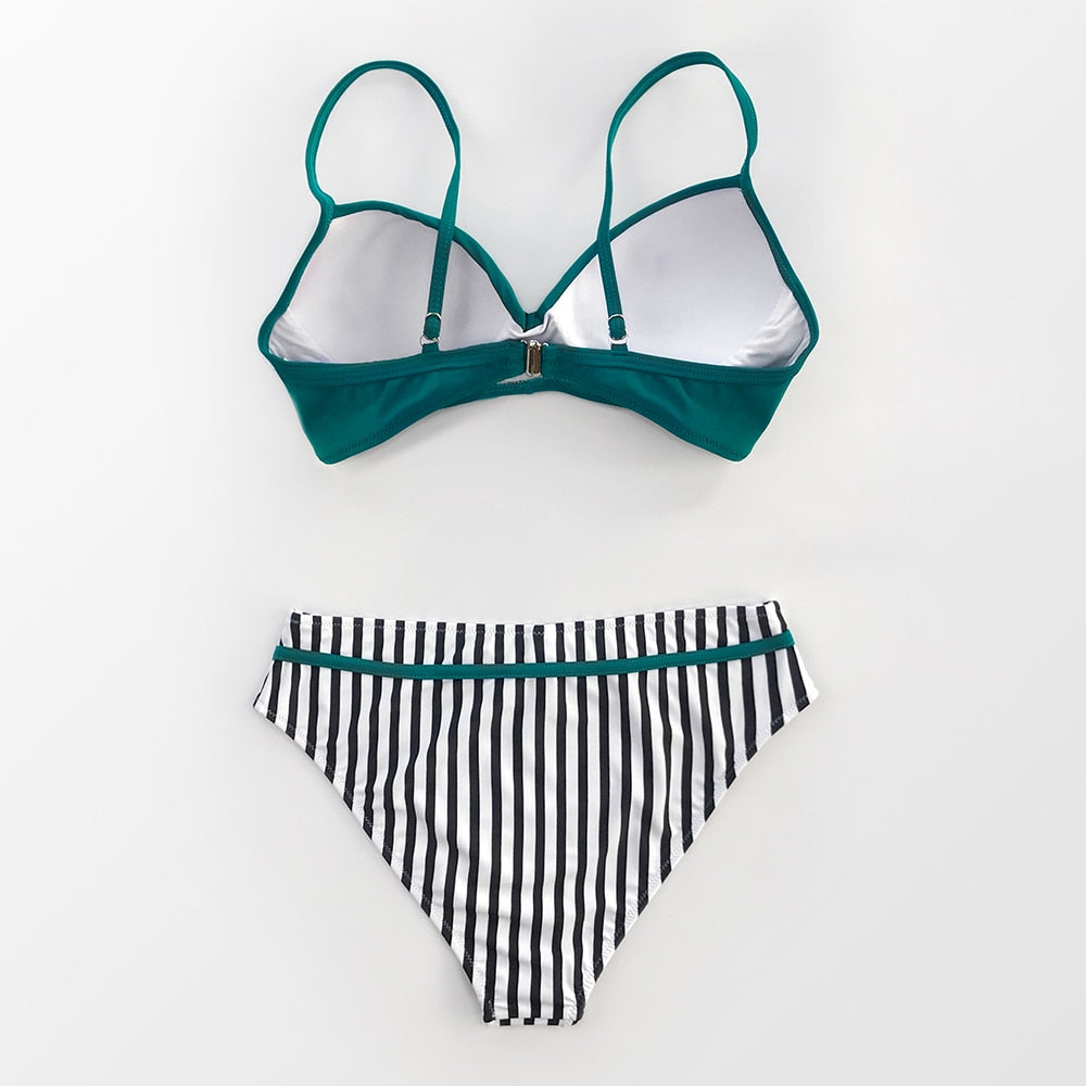 Bikini Verde a Rayas y Escote Cruzado - Cintura Media