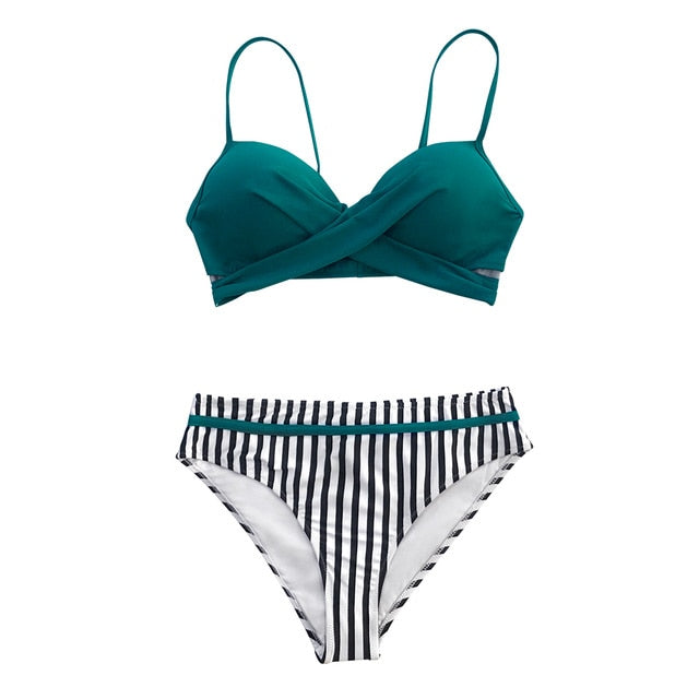 Bikini Verde a Rayas y Escote Cruzado - Cintura Media