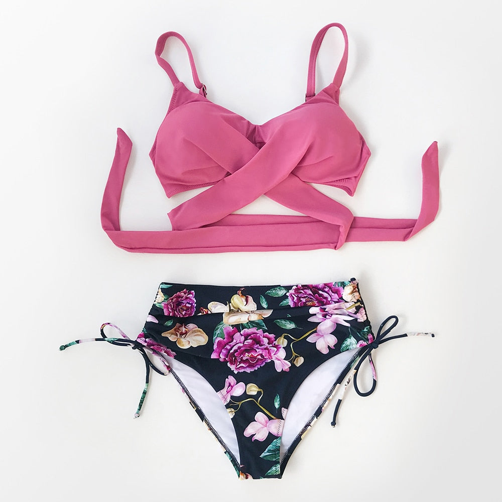 Bikini Rosado Floral Anudado con Cordones Ajustable - Cintura Alta