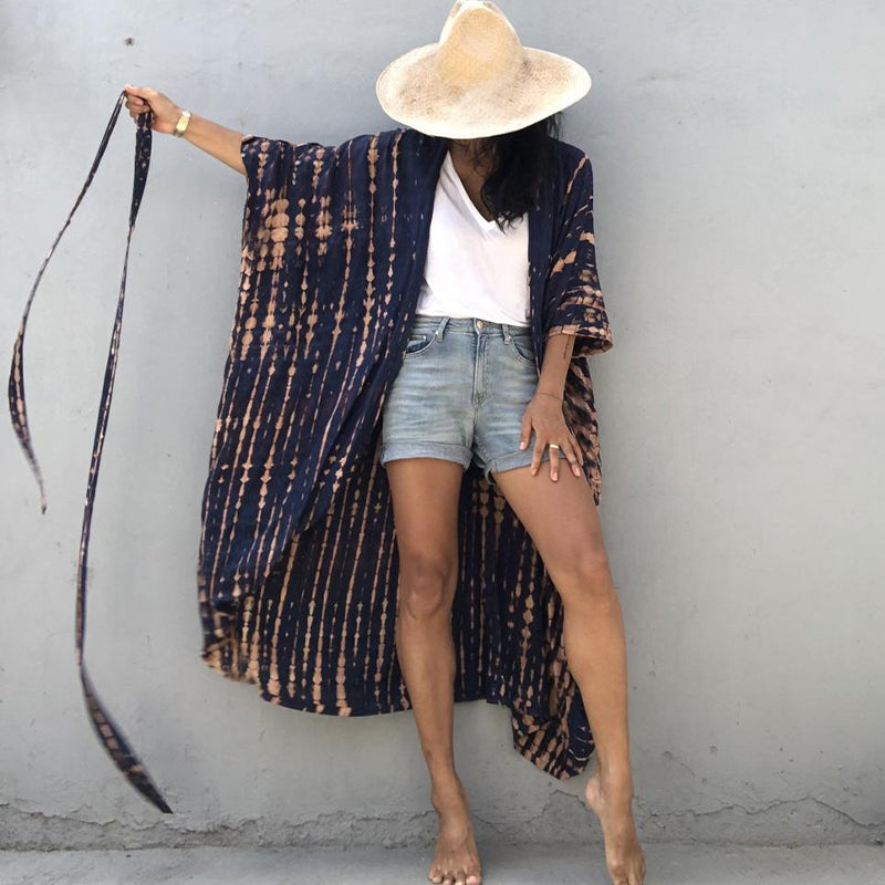 Vestido Kimono Azul Largo con Cinturón Bohemio