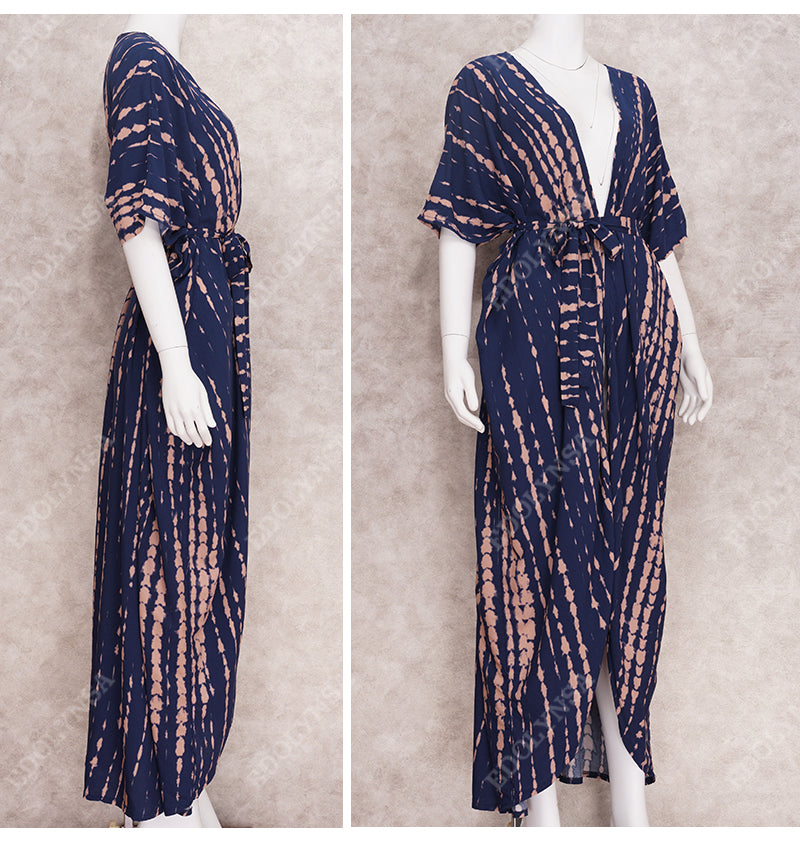 Vestido Kimono Azul Largo con Cinturón Bohemio