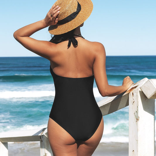 Traje de Baño Negro con Control de Abdomen y Malla con Escote Halter - Una Pieza