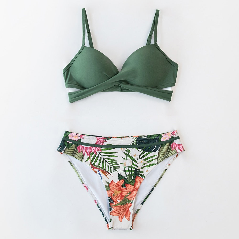 Bikini Floral y Escote Cruzado Cabali - Cintura Media