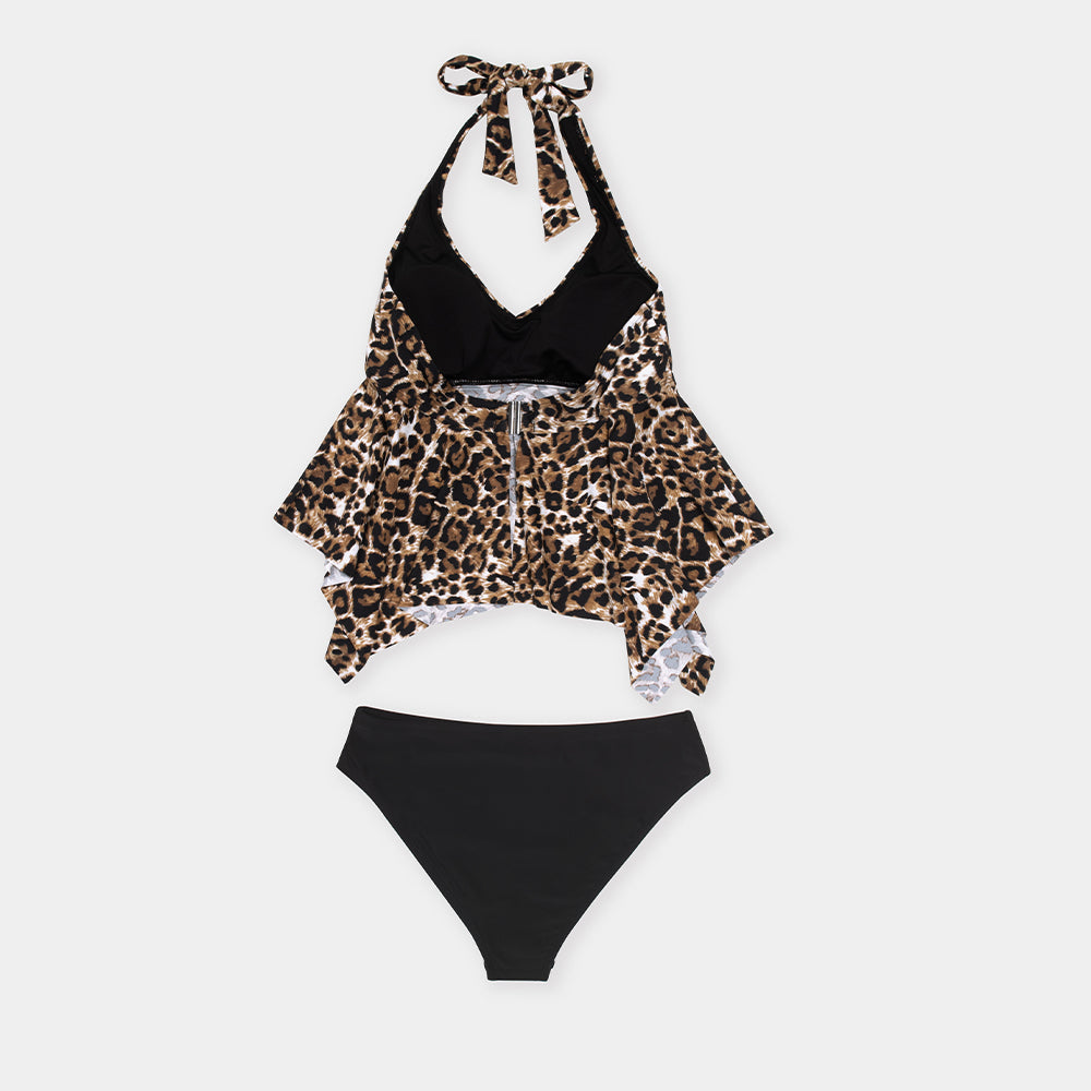 Tankini Vestido Recortado con Escote en V de Breana Leopardo - Cintura Media