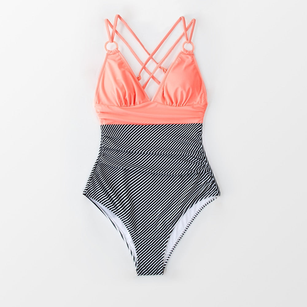 Romantic Pink O-Ring Striped Swimsuit - One Piece