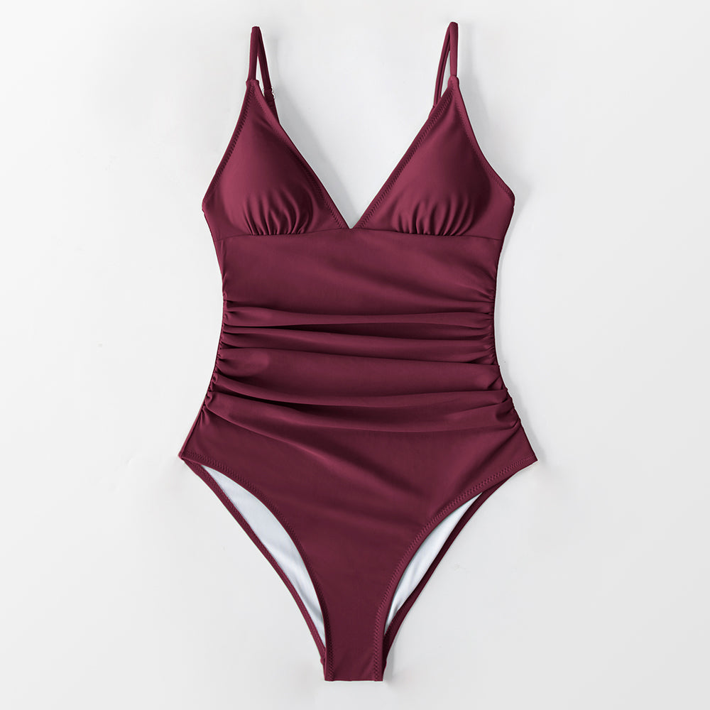 Traje de Baño Vino con Control de Barriga y Fruncido de Bright Day - Una Pieza