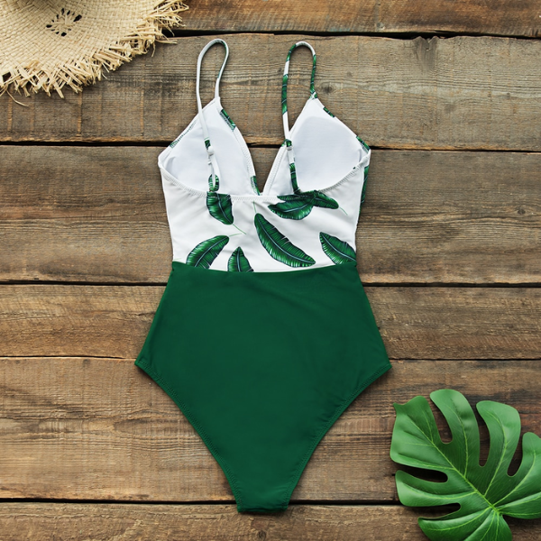Traje de Baño Verde Floral con Parte Delantera Torcida - Una Pieza