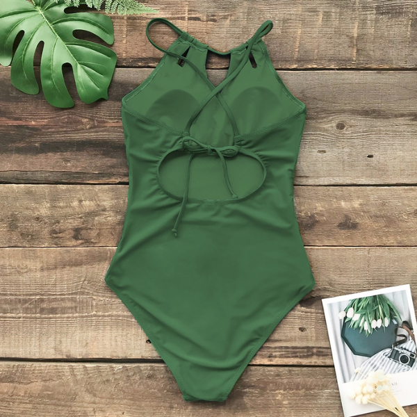 Traje de Baño Verde con Espalda Descubierta y Cuello Halter - Una Pieza