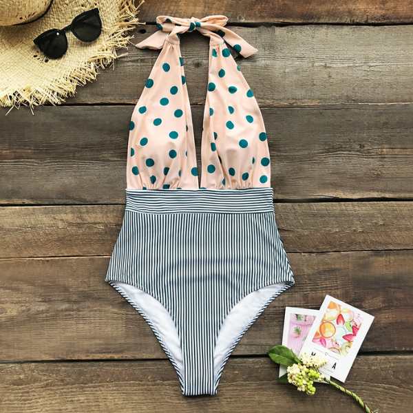 Traje de Baño a Rayas y Puntos con Escote Halter - Una Pieza