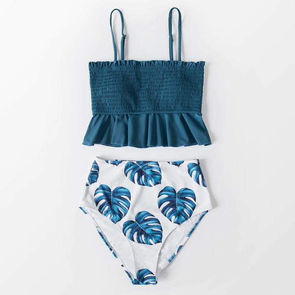 Tankini con Volantes Florales y Color Entero Azul - Cintura Alta