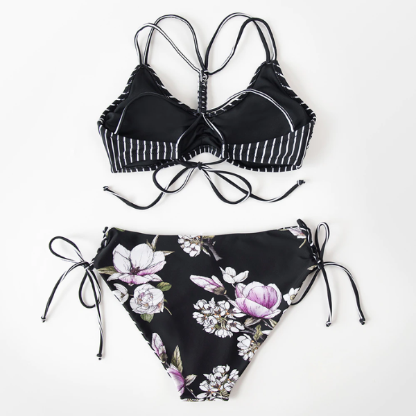 Bikini Negro Reversible con Cordones y Tiras Rayadas - Cintura Media