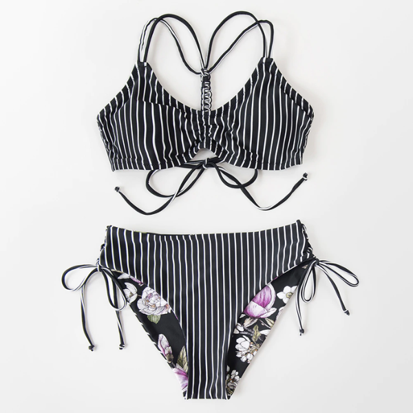 Bikini Negro Reversible con Cordones y Tiras Rayadas - Cintura Media