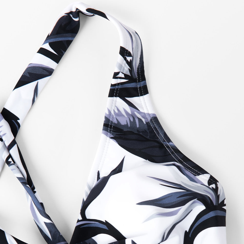 Black Floral V-Neck One Piece Swimsuit