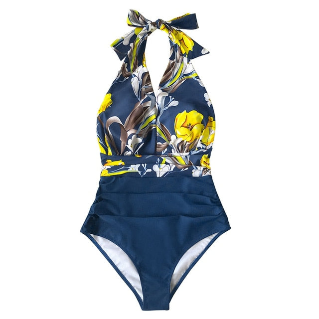 Traje de Baño con Escote Halter Floral en Azul - Una Pieza