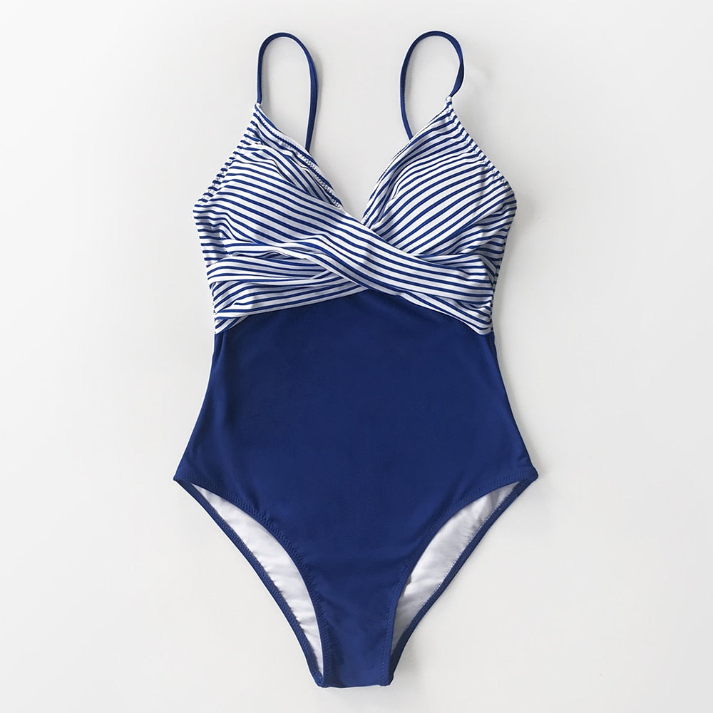 Traje Baño Cruzado Azul Y Rayas - Una Pieza