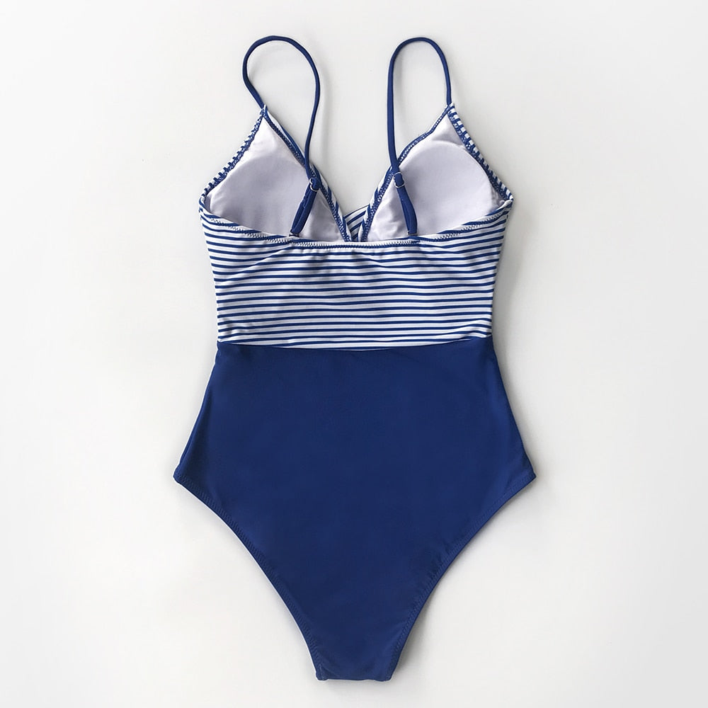 Traje Baño Cruzado Azul Y Rayas - Una Pieza