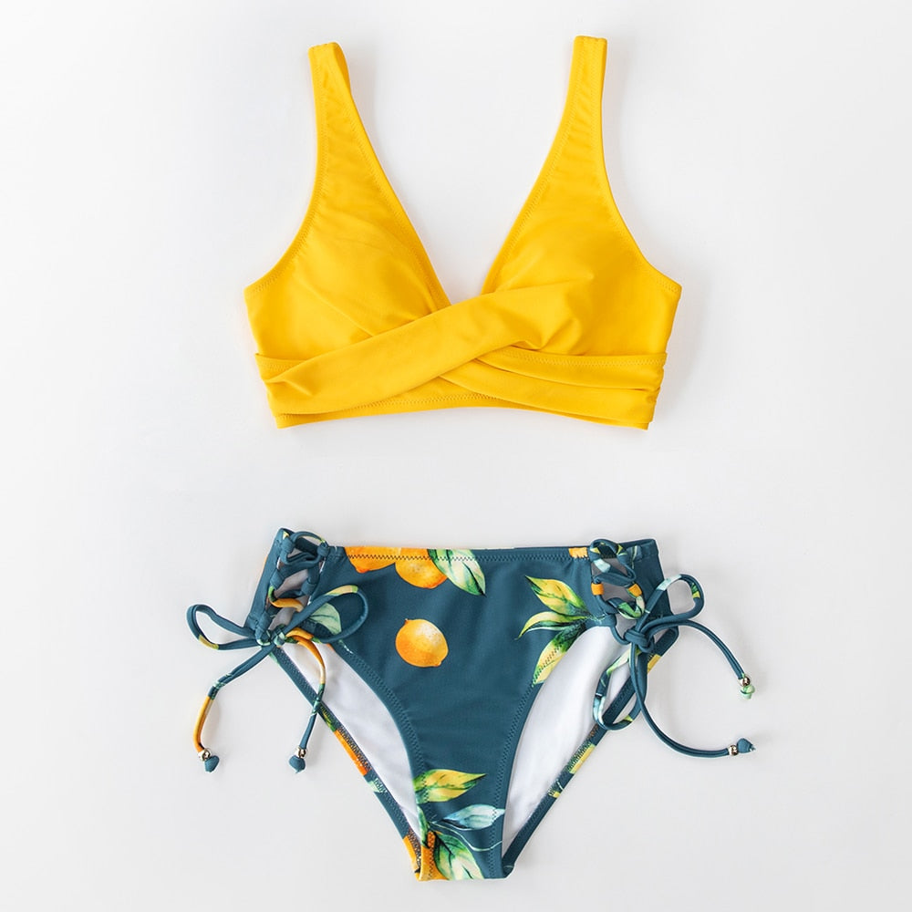 Bikini de Tirantes con Cordones Floral Amarillo y Azul - Cintura Media